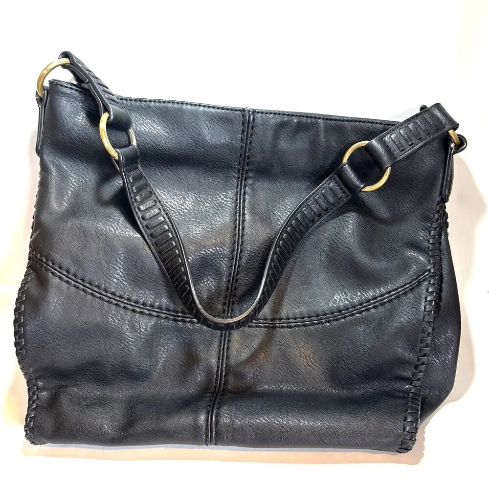 Antik Kraft Black Faux Leather Shoulder Bag With Gold-Tone Accents & Pink Patter
